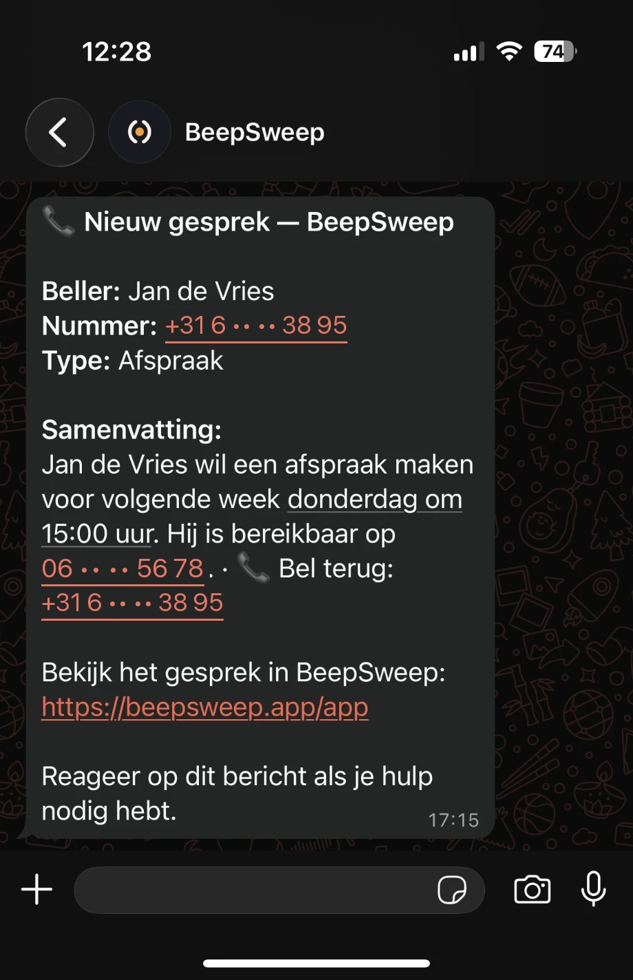 A WhatsApp thread with BeepSweep: a new call from Jan de Vries, with a summary, number and call-back link.
