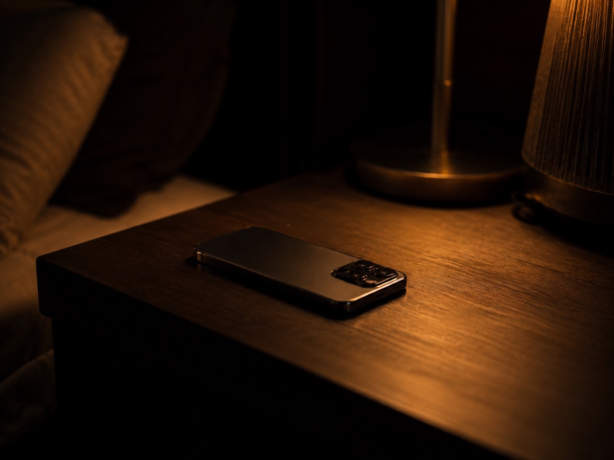 Een telefoon ligt ’s avonds rustig op een nachtkastje bij een warm bedlampje